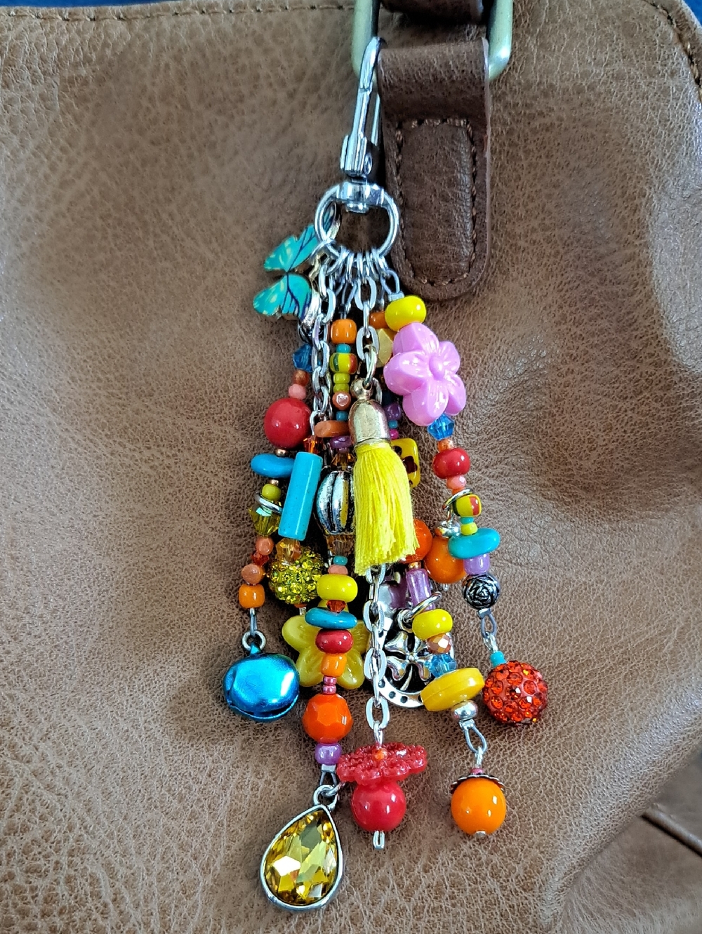 BAG OR PURSE CHARM Handmade Multi-color Brights/Silver, Fun Accessory, 5"